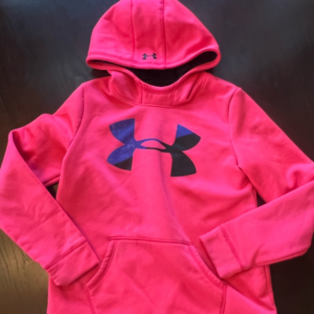 Girls size youth large, pink, under armor hooded sweatshirt, gently used